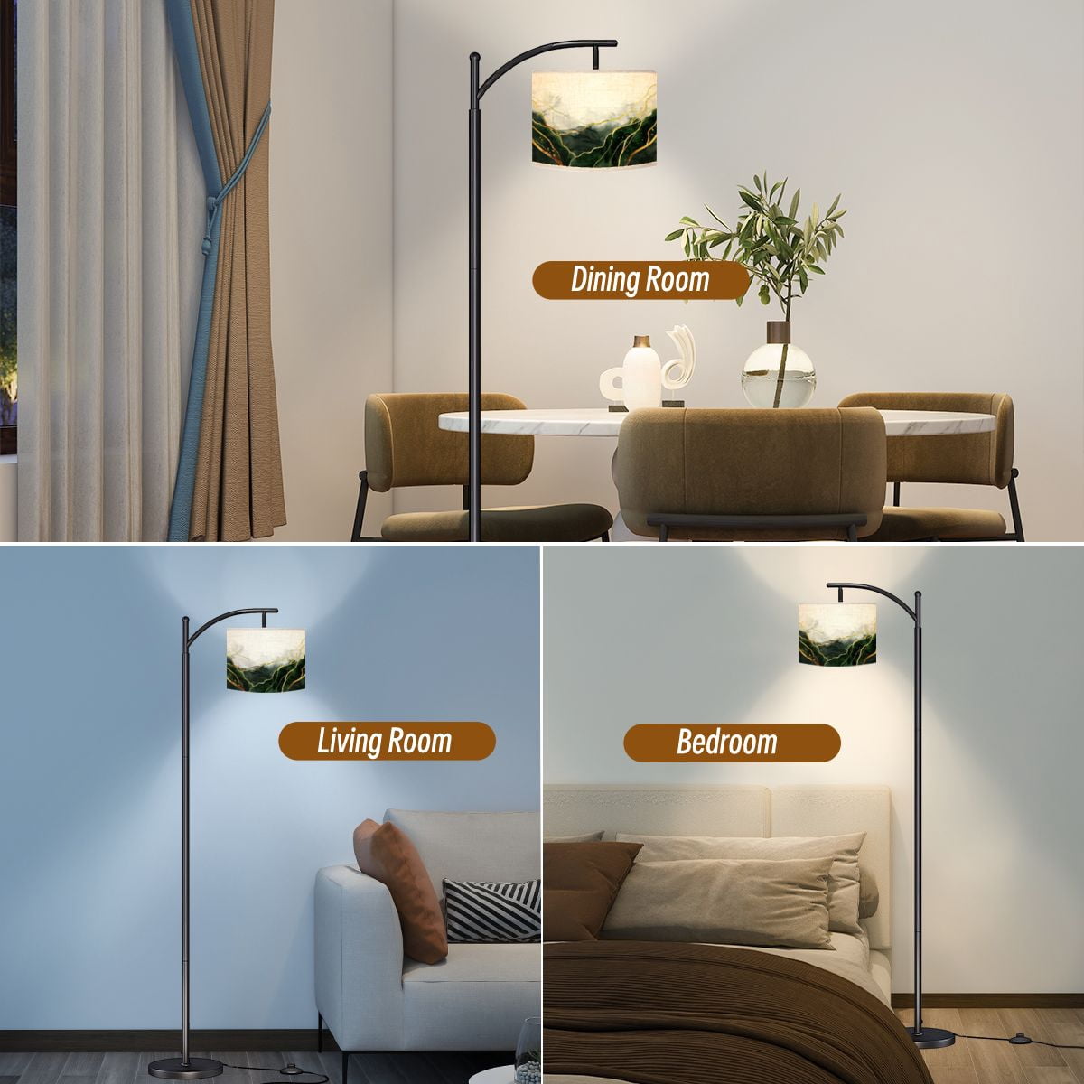 Arc Floor Lamps Watercolor drawn by brush Green paints spilled paper Golden shiny Modern LED Adjustable Lampshade Standing Light for Living Room Reading Bedroom Office