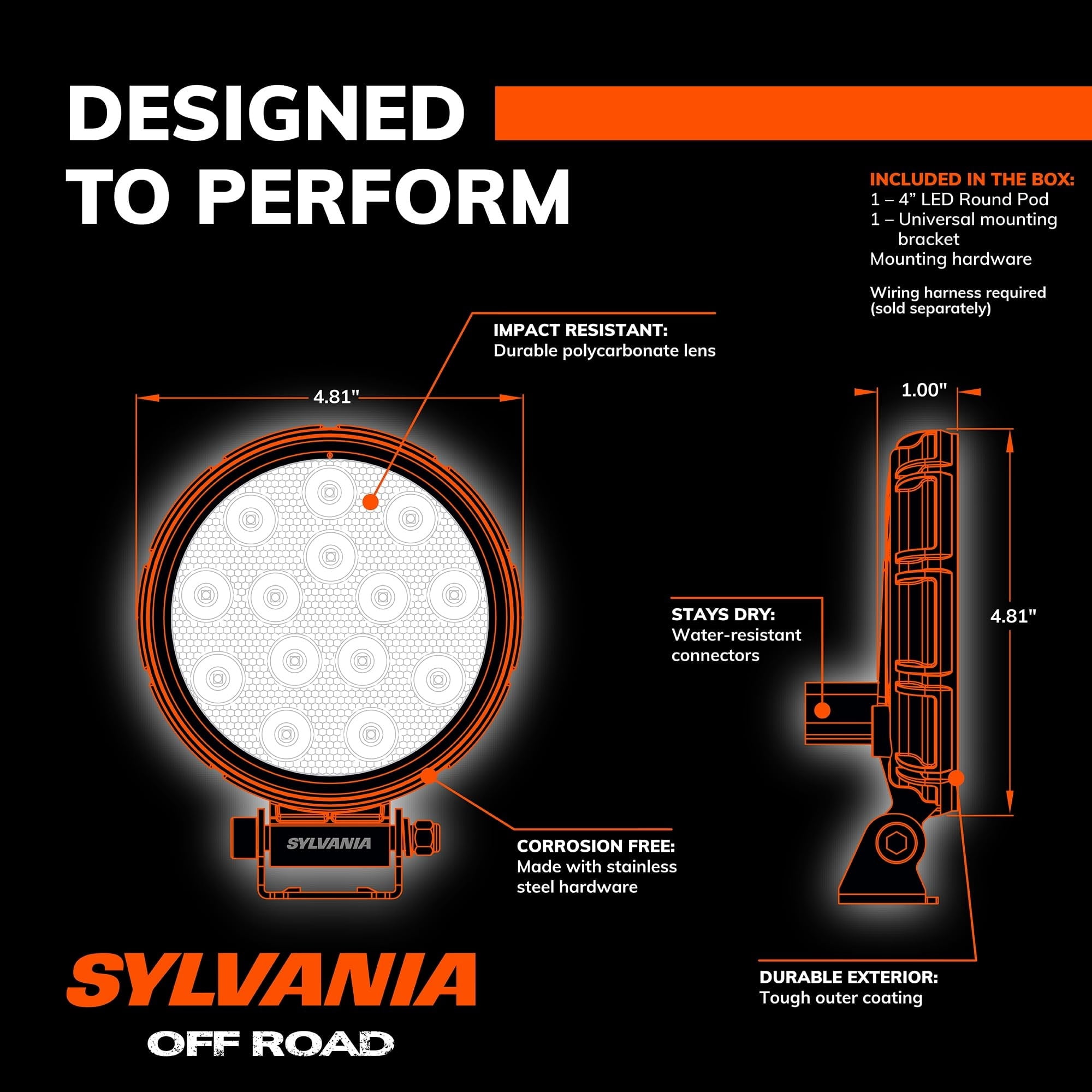 Sylvania Rugged 4 Inch Round LED Light Pod Flood 2100 Lumens, 1 pack, Compatible with Multiple Cars