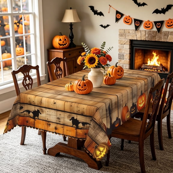 Vintage Wooden Plank Halloween Tablecloth 52x70 Inch,Spooky Pumpkin Table Cover for Indoor Outdoor Party Decor