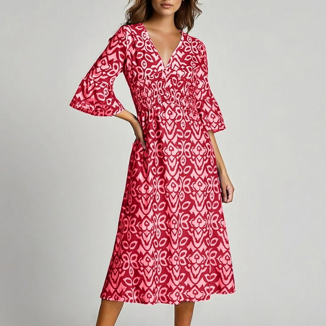Pisexur Robes Femmes Belle Robe d'Été pour Femmes, Mode Femmes Été Décontractée Col en V Manches Courtes Imprimé Longue Robe Rouge, 2TG