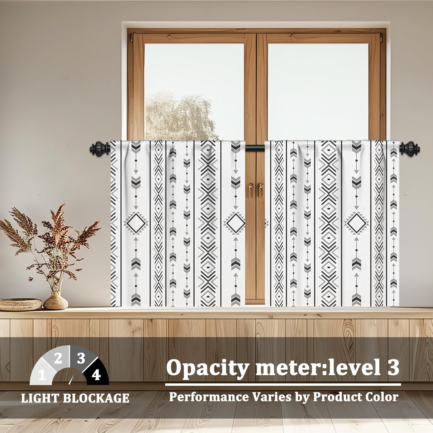 42 x 63 Inch Boho Linen Curtains for Bedroom Living Room Farmhouse Boho Curtains Rod Pocket Geometric Striped Patterned Light Filtering Thermal Insulated Window Drapes Black On Beige 2 Panels