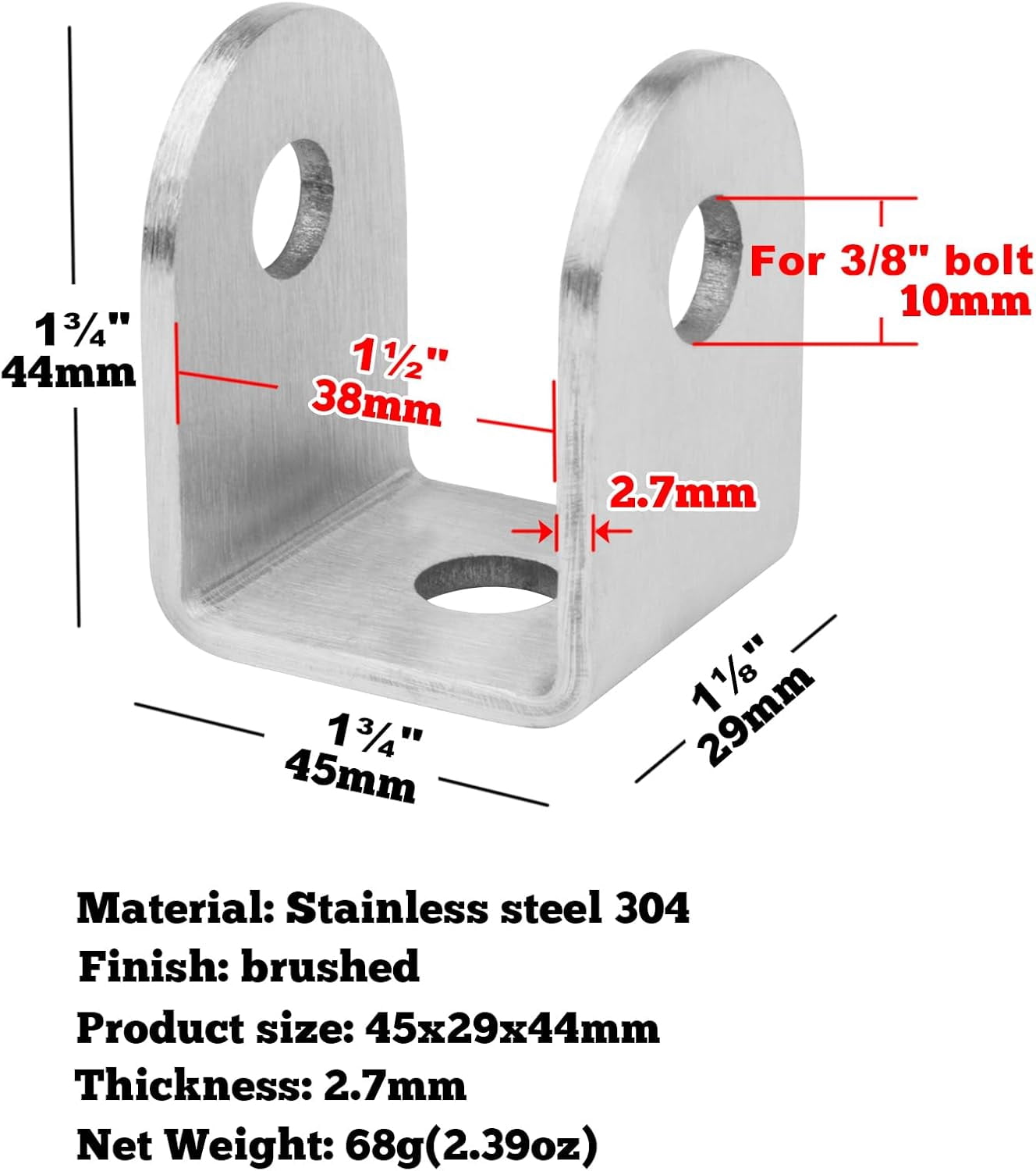 U Bracket 1-1/2",304 Stainless Steel,10 Pack