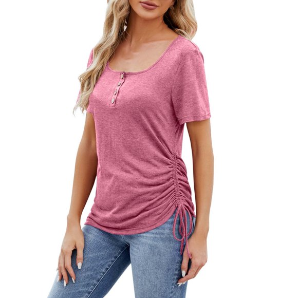 Top con botones, cuello en U y manga corta con cordón para mujer - Color liso, corte holgado, camiseta informal de verano
