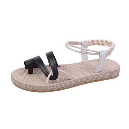 

GWAABD Slide Sandals Women Dressy Ladies Fashion Color Blocking Leather Flat Bottom Cover Toe Straw Woven Bottom Elastic Belt Sandals