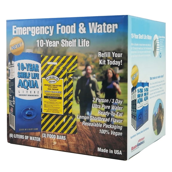 Ready America 10 Year Shelf Life Emergency Food and Water Kit to Sustain 2 People for 3 Days 72 Hours