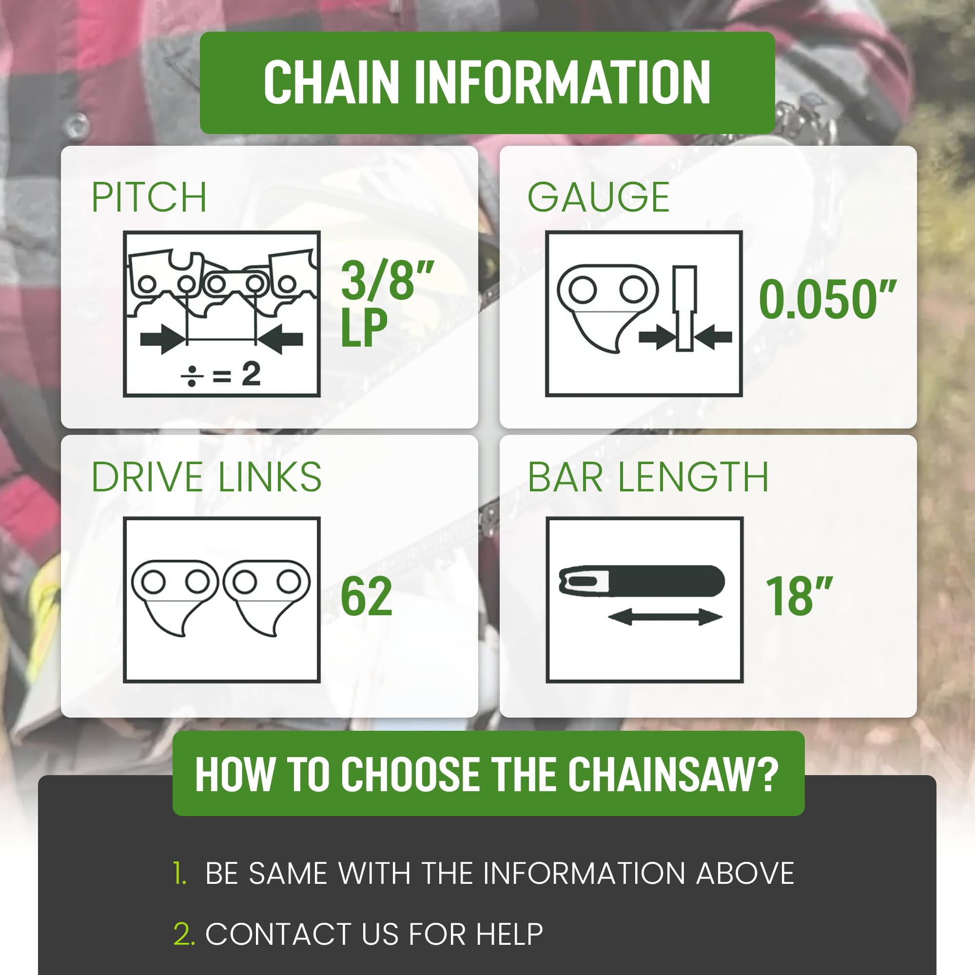 18 Inch Chainsaw Chain 3 Pack | 3/8" LP Pitch, .050" Gauge, 62 Drive Links | Fits Echo, Stihl, Ego | Replacement for Oregon and Husqvarna Chainsaw Chain
