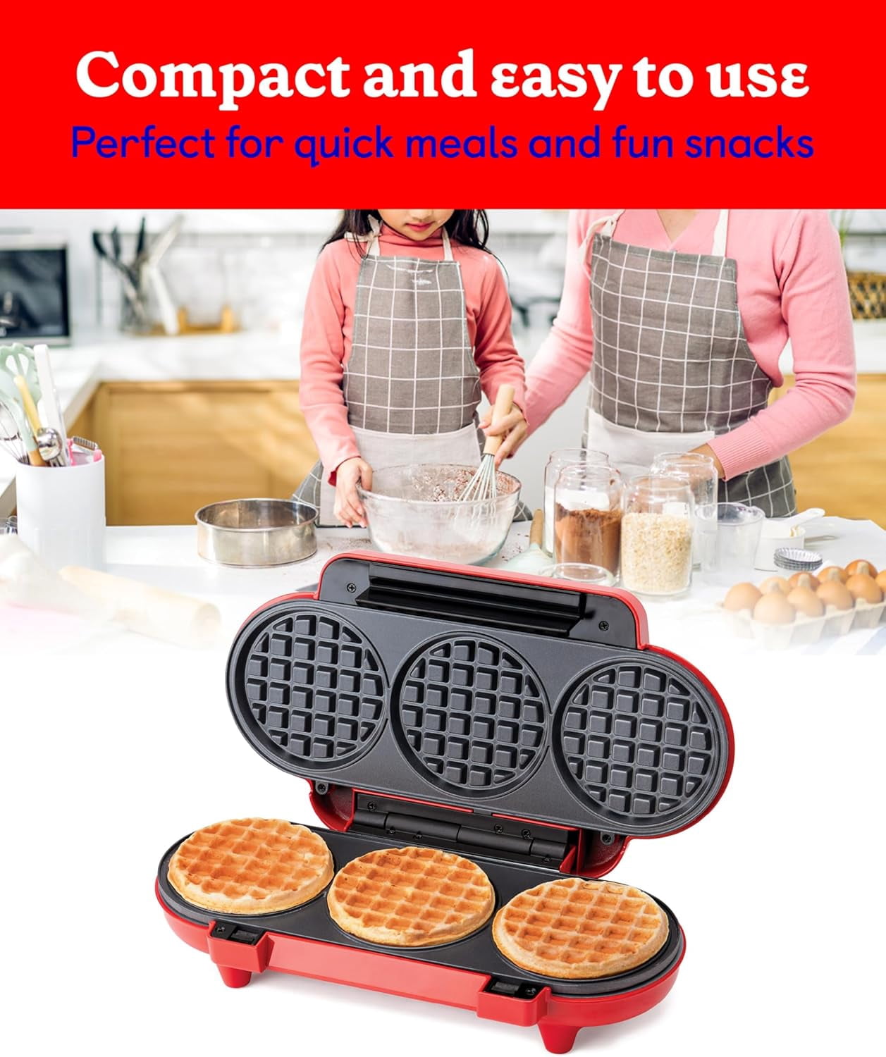 Betty Crocker Mini Waffle Maker, 550W Compact Kitchen Appliance, Quick & Even Heat for Home and Kitchen, Makes 4.5" Waffle, 4.9" Non-Stick Plates, Recipes Included, BC-4888R, Red