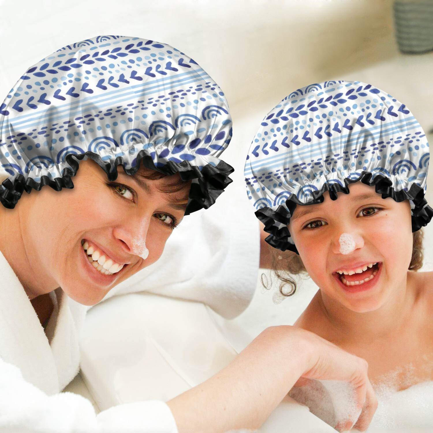 Shower Caps,Blue Striped Geometric Pattern Waterproof Shower Cap for Women 4 Pieces,Double Reusable Hair Cover for Shower PEVA Elastic Stretch Hem