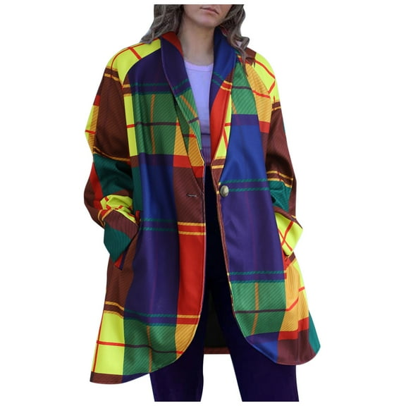 Women's Jacket Rainbow Plaid Wool Coat Fashion Long Sleeve One Button With Pocket Fall Jacket