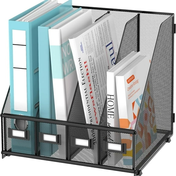 INTIGE Metal Office Desk File Holder, Desktop Magazine File Holder with 4 Vertical Compartments