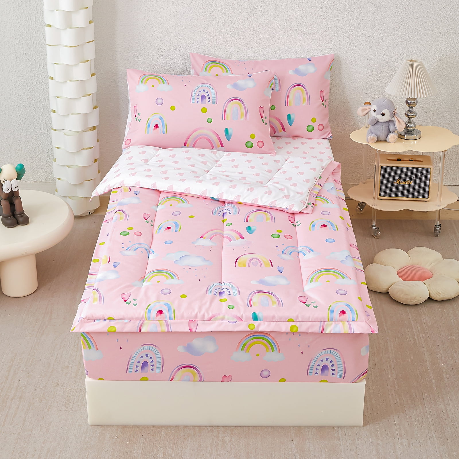 ZRNBAST Zipper Bedding Set for Girls, 3Pcs Pink Hearts Rainbow Twin Size Comforter with Fitted Sheet & Pillowcases, All-in-One Zipper Bed Set for Kids Room(Pink,Twin)