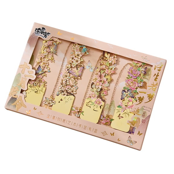 4Pcs Retro Metal Bookmarks with Chain Pendant Hollowed Flower Bookmarks