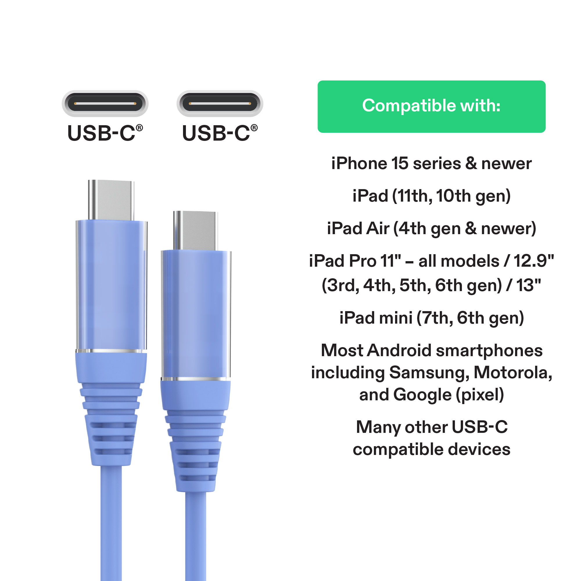 Cable de carga onn de 6 pies USB-C a USB-C, carga rápida, certificado USB-IF, compatible con iPhone 16 y 15, iPad Pro, Samsung Galaxy, Note, Pixel y más - Azul 4