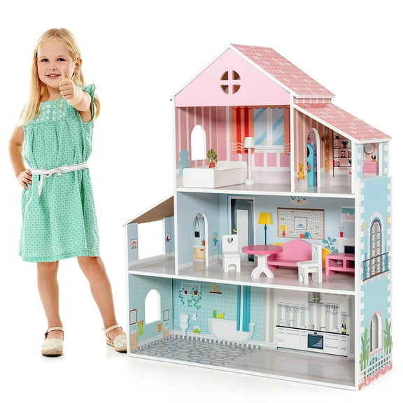 Costway Wooden Dollhouse For Kids 3-Tier Toddler Doll House W/Furniture Gift For Age 3