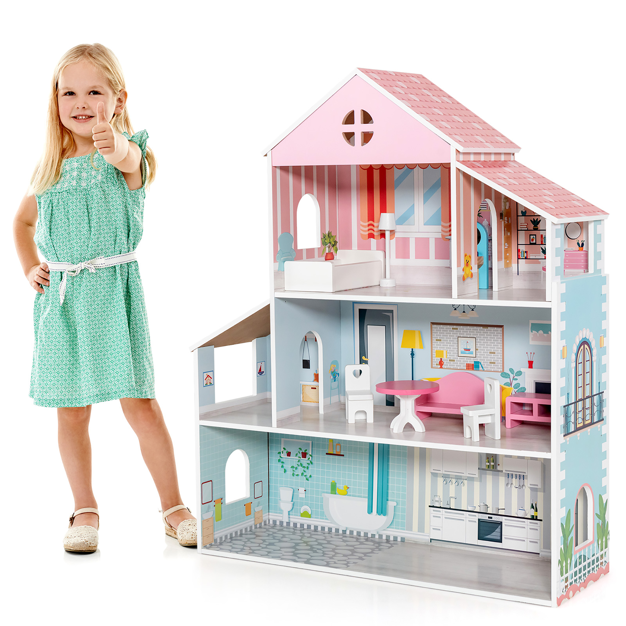 Costway Wooden Dollhouse 3-Tier with Furniture Set photo 1