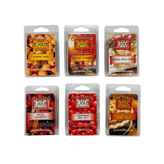 6 Pack Soy Wickless Candle Wax Bar Melts - Autumn Spice Pack - Great for Fall or Winter. Pumpkin Spice, Cinnamon Red Hot, Spiced Apple Cider, Spiced Cranberry, Hot Apple Pie, and Autumn Warmth