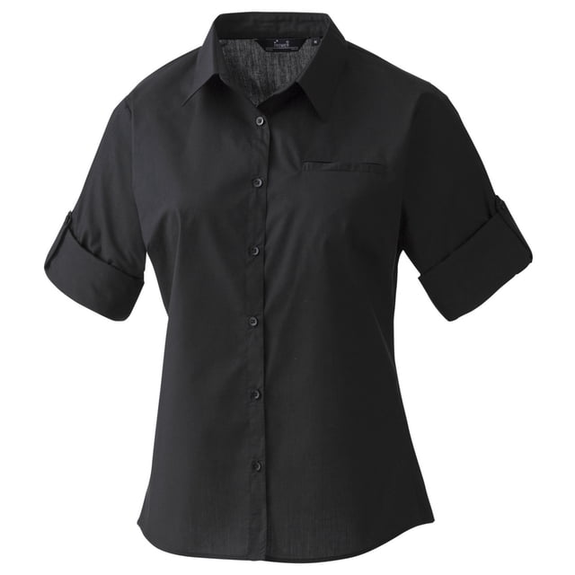 Premier- Camisa de trabajo de manga corta lisa de manga vuelta para mujer (Negro)