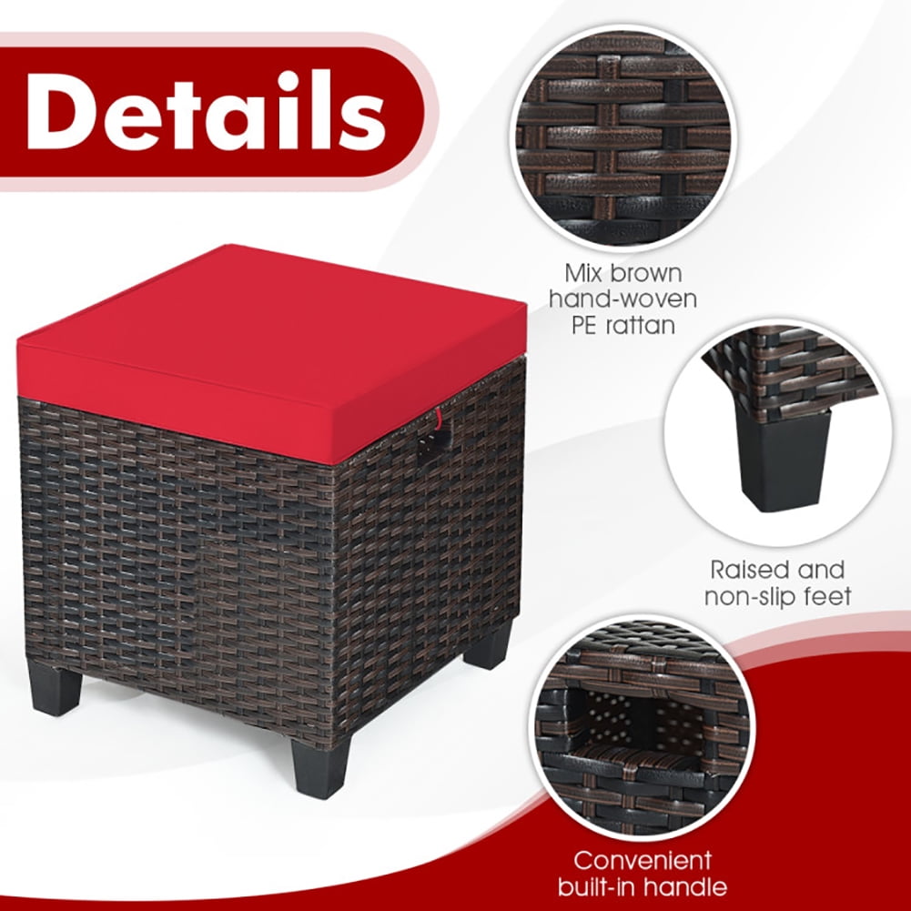 Aimee Lii 2 Pieces Patio Rattan Ottoman Set with Removable Cushions, Outdoor Patio Furniture Set, Red