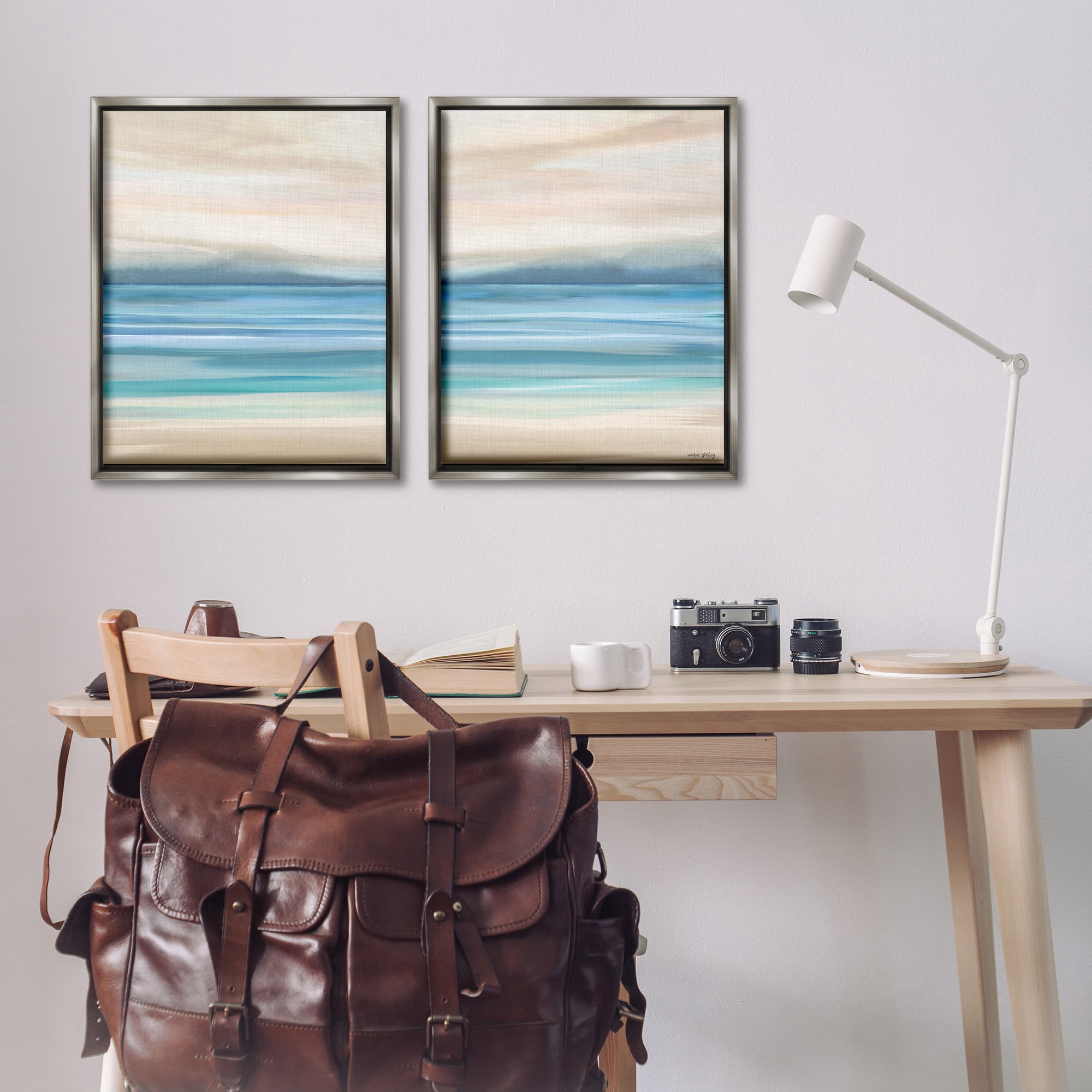 Stupell Industries Subtle Beach Seascape Landscape Painting Gray Floater Framed Canvas Art Print Wall Art, 25 x 31, Set of 2