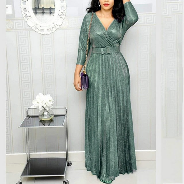 YUTK Robe en Coton pour Femmes, Vêtements pour Femmes Tempérament de Bureau Mode Manches Longues Estampage à Chaud Plissée Grande Jupe Robe Vert G