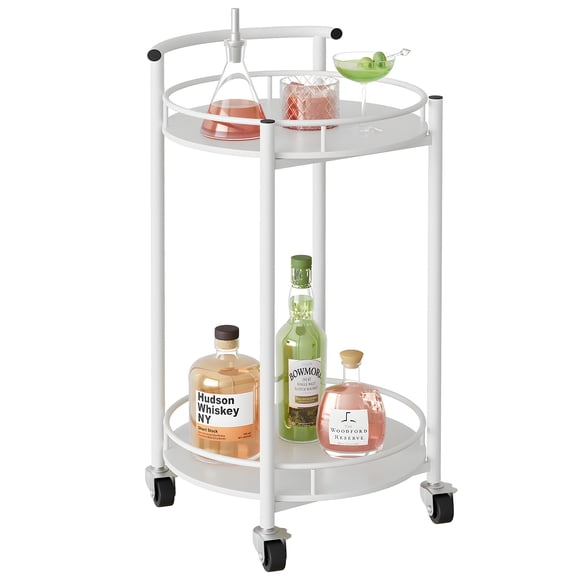 Bar Cart White Rolling Cart for Home,2 Tiers Bar Serving Cart Round Wine Cart with Handle, Metal Wine Rack and Casters, Serving Bar Trolley for Home Kitchen,Living Room,Christmas,New Year