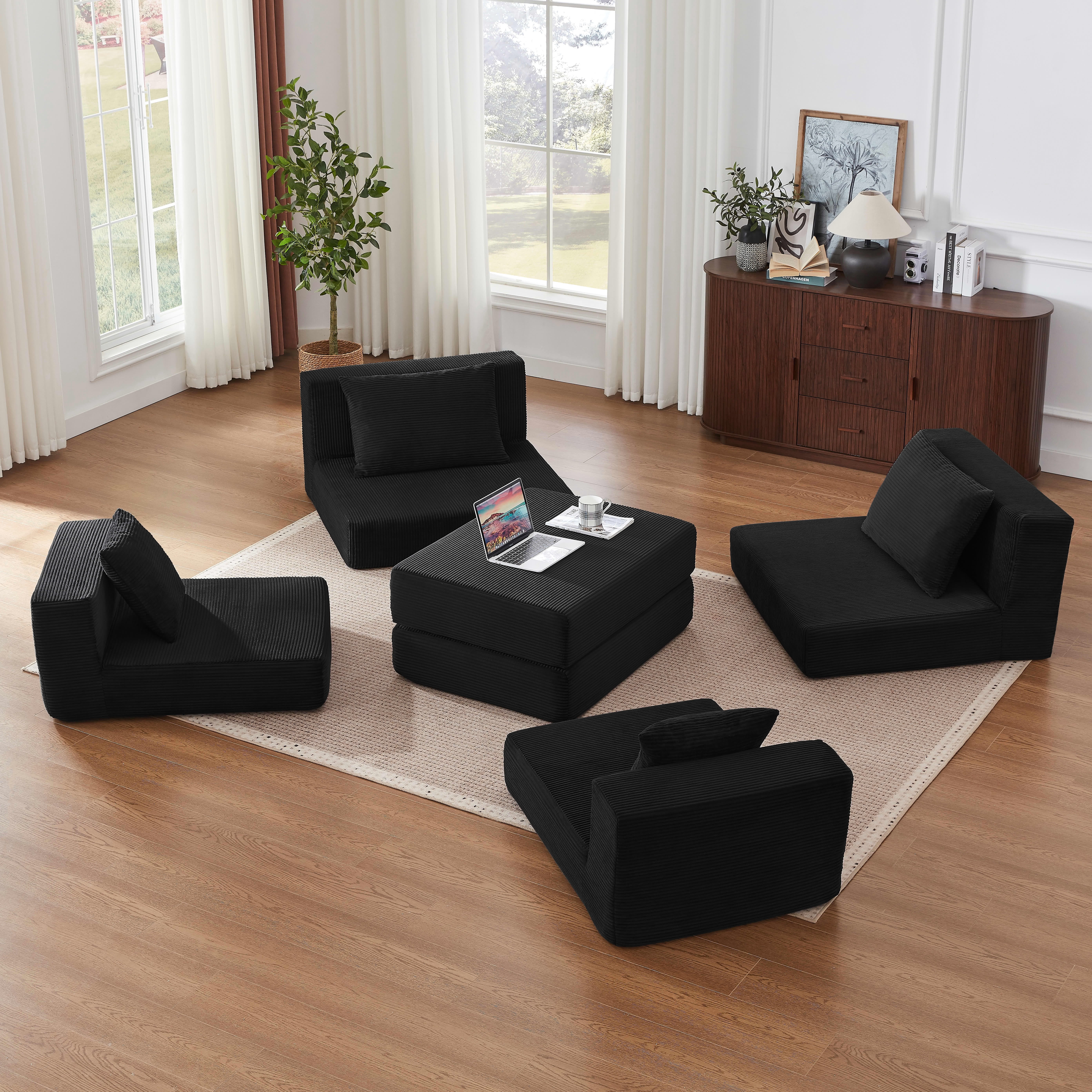 MAYEERTY Minimalist Corduroy Modular Sectional Cloud Sofa - Boneless Sleeper Couch for Customizable Living Spaces, Black