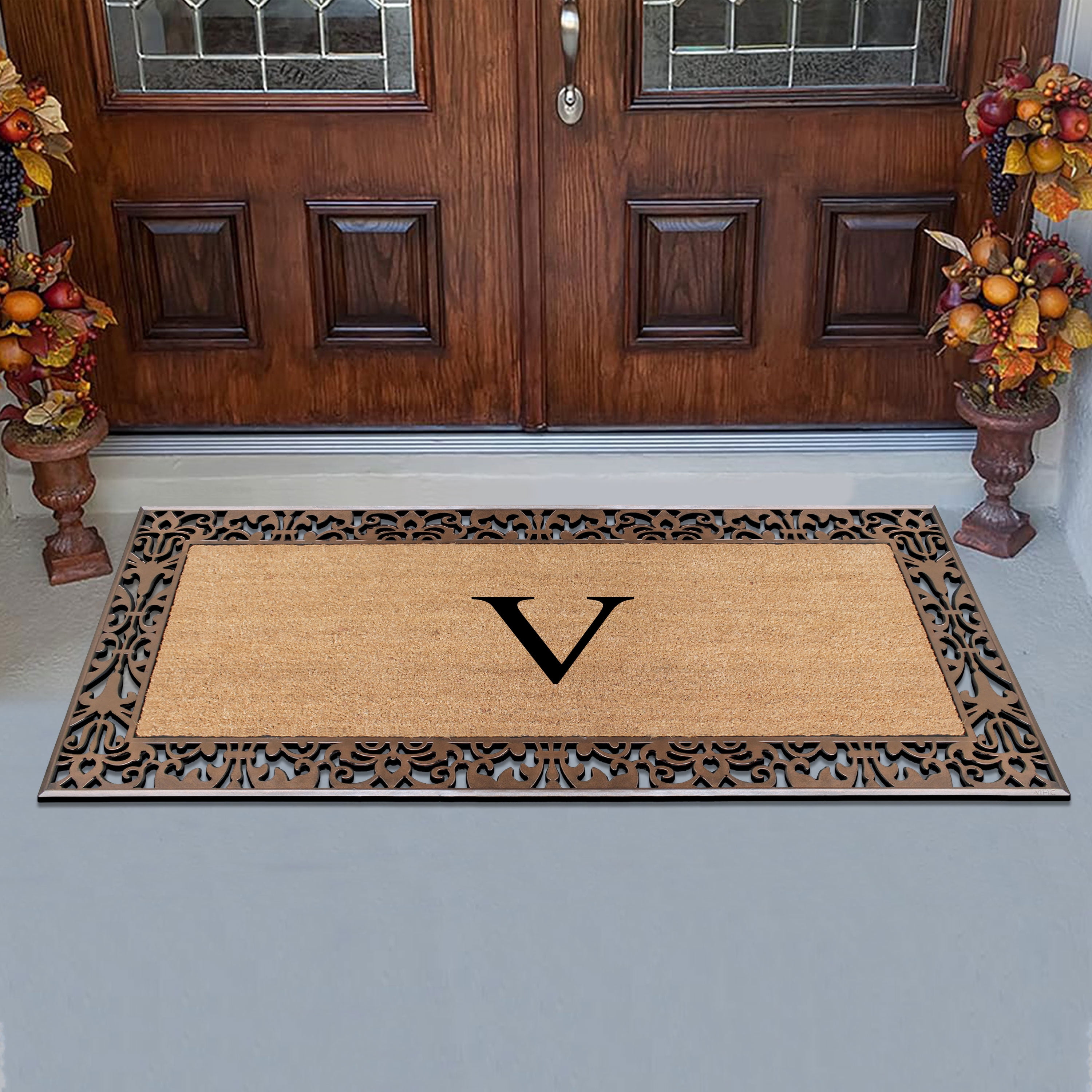 A1HC Natural Coir and Rubber Paisley Monogrammed Doormat, 30"x60", Heavy Duty Outdoor Front Door Mat, Durable Easy-Clean Bronze Rug