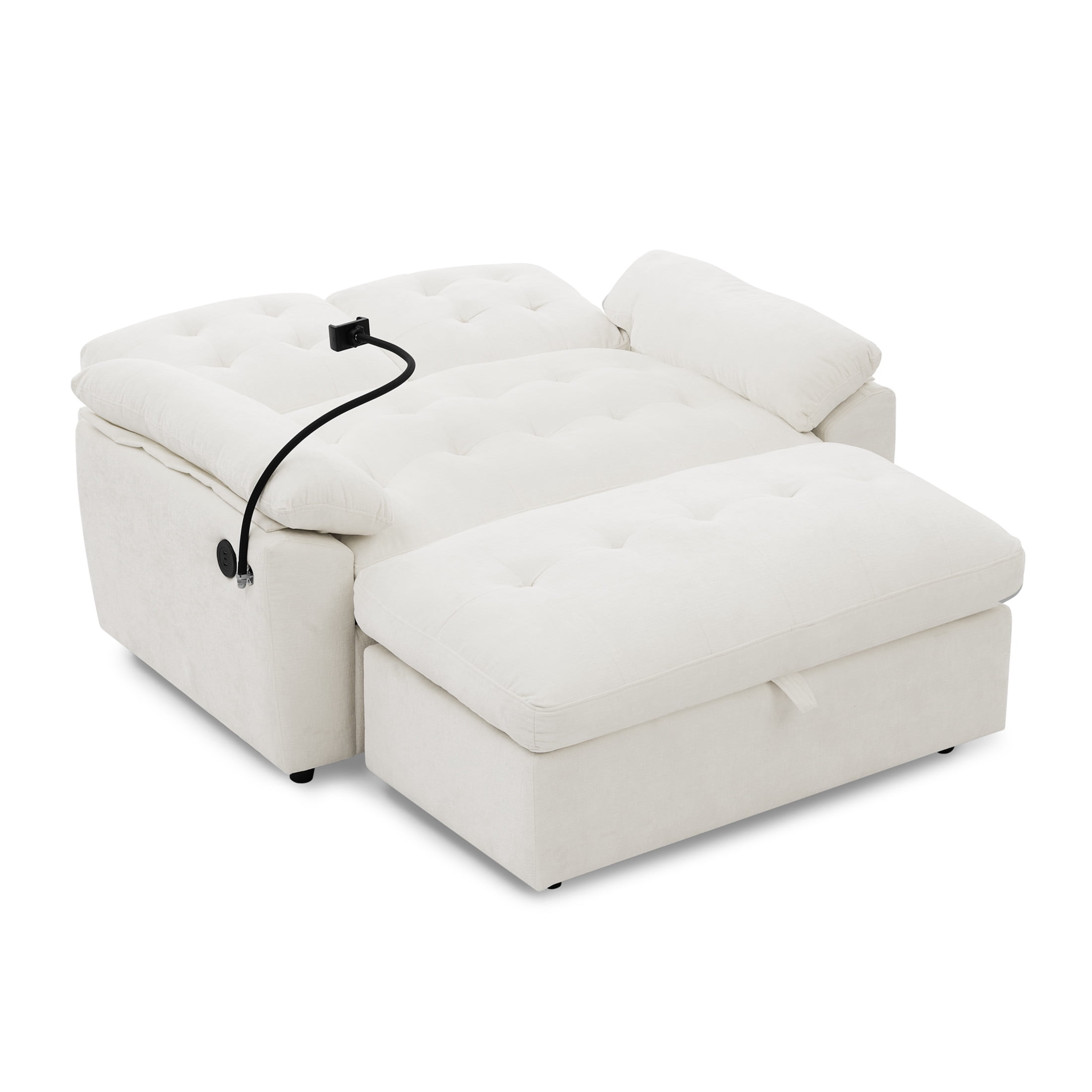 Noble House Wesley Double Sofa Recliner, Adjustable Chenille Fabric Chair with Charging Port and Storage Ottoman, Beige