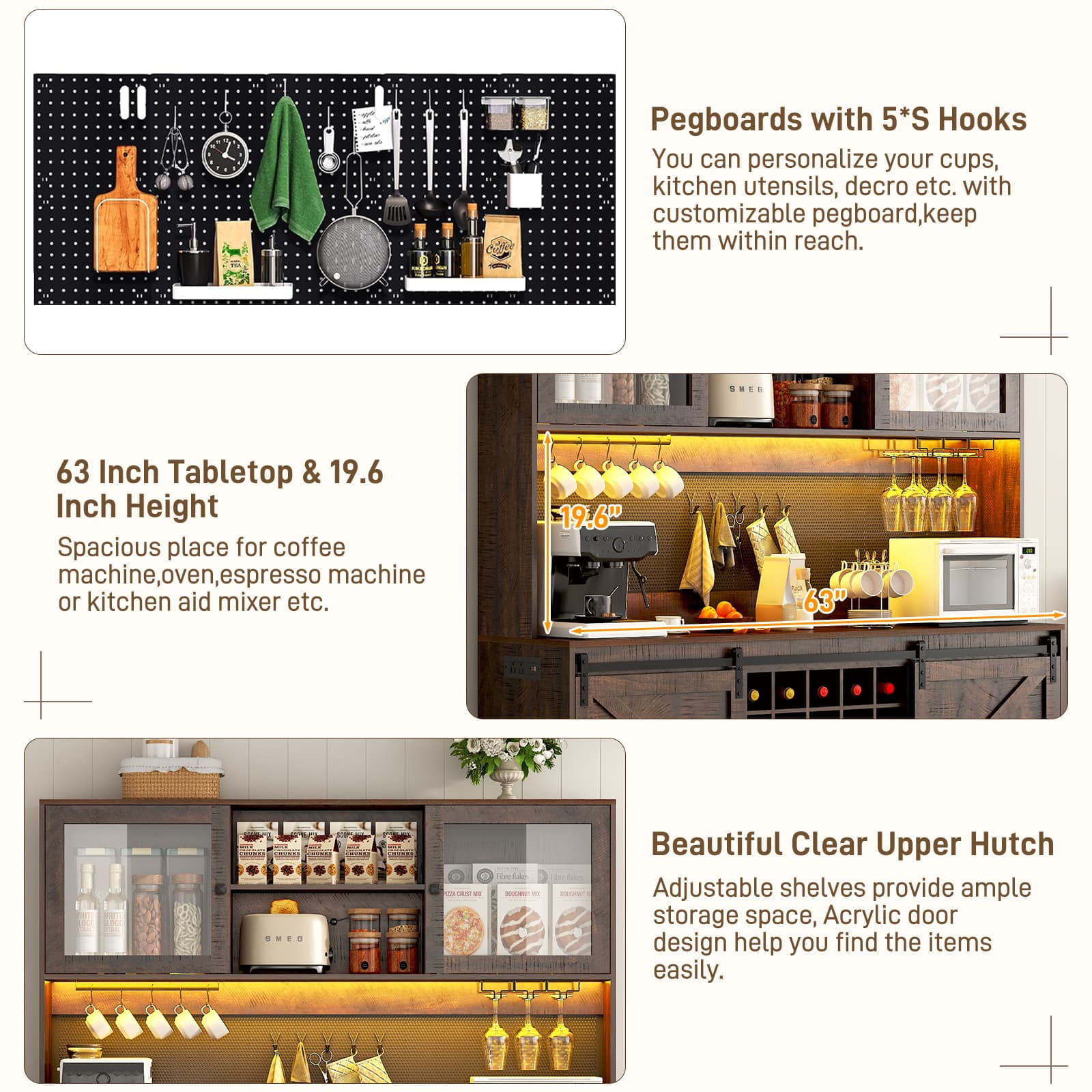 74" Farmhouse Kitchen Pantry Storage Cabinet with LED Light & Charging Station, 63" W Coffee Bar Cabinet Kitchen Cupboard with Hutch and Sliding Barn Doors, Pegboard
