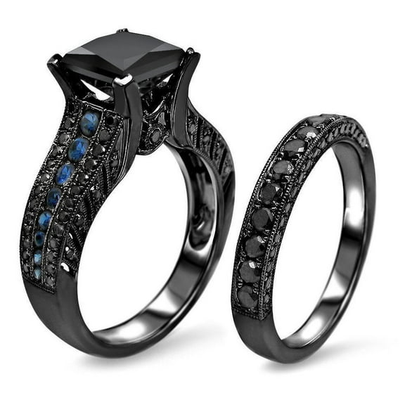 3.34 Ct Lab Created Black Diamond Engagement Bridal Ring Set 925 Silver Wedding Ring Set