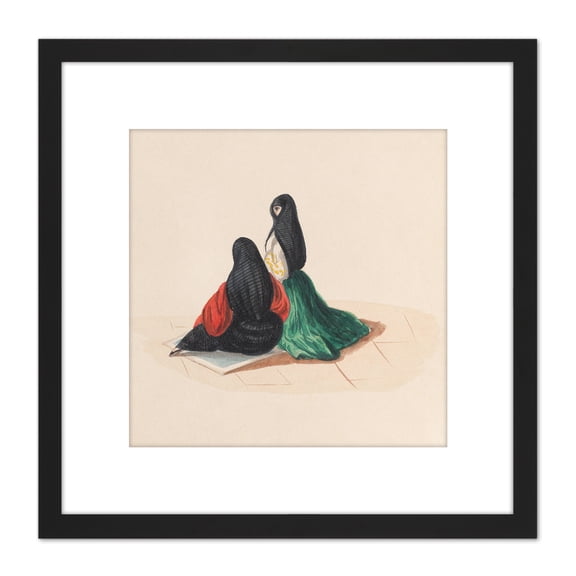 Fierro Two Peruvian Women Attending Mass Drawing 8X8 Inch Square Wooden Framed Wall Art Print Picture with Mount