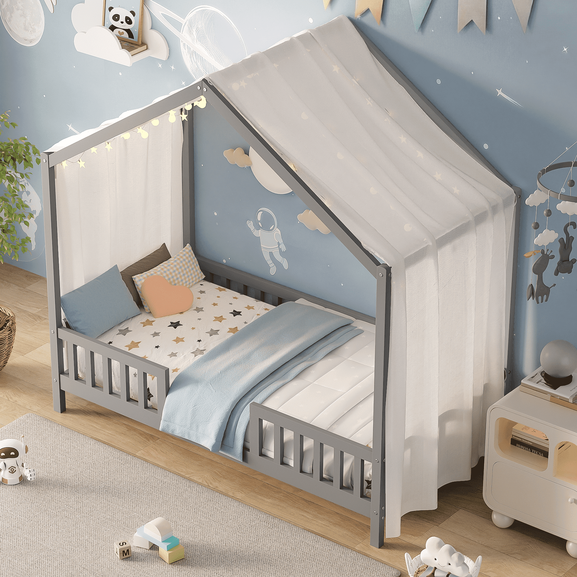 Euroco House Floor Bed with High Railings, Twin Size Kids' Bed with Canopy, Grey