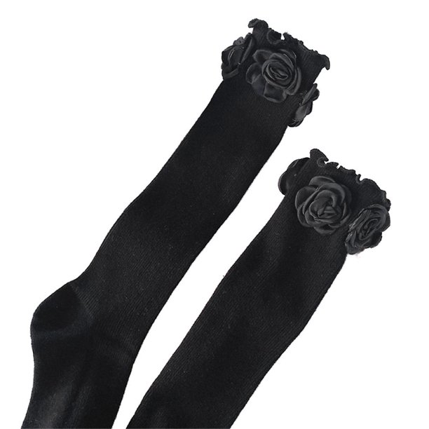 Mujeres Lolita Negro Blanco Calcetines hasta la rodilla Harajuku Dulce 3d Flor de rosa artificial Micro Compresión Estudiante Algodón Medias de pantorrilla Calcetería