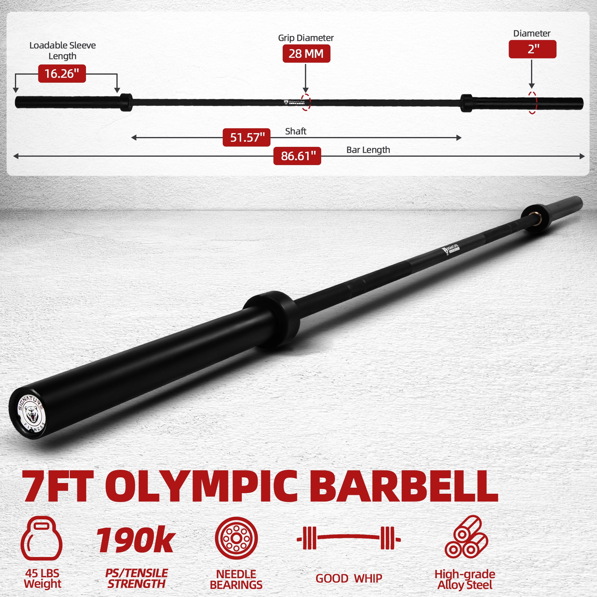 FlexWave Straight Olympic Barbell, Alloy Steel with Ceramic Coating, 2-Inch Diameter, 7FT, Available in Multiple Colors