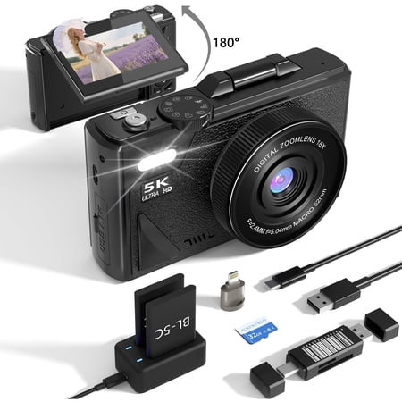 5K Vlogging Camera 75MP Photos 180&deg; Flip Screen 18X Zoom Dual Batteries 3 Focus Modes Retro Portable Compact Travel Camera for Teens Summer Gift Black