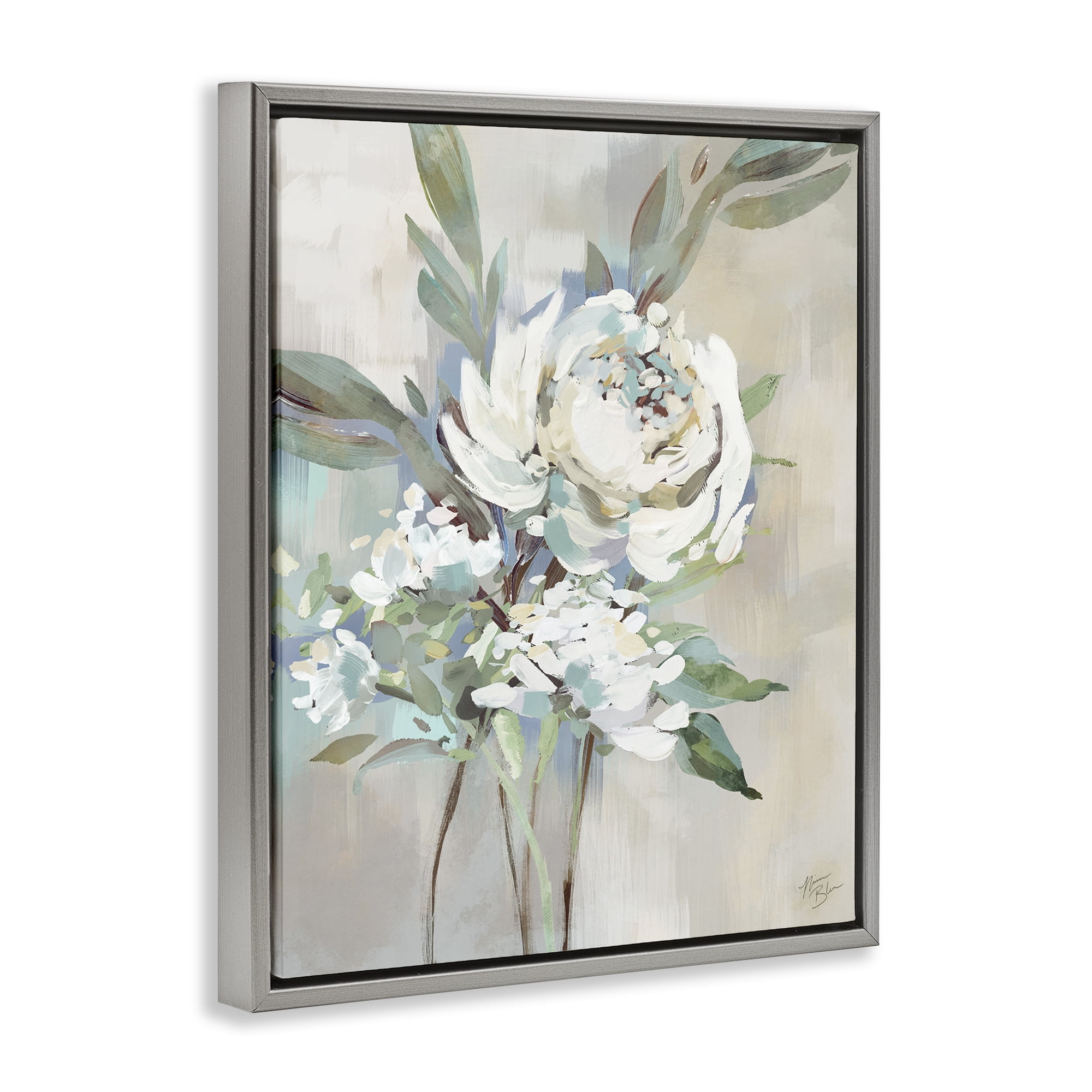 Stupell Industries Antique Rose & Baby's Breath Plants & Flowers Painting Gray Floater Framed Canvas Art Print Wall Art, 17 x 21