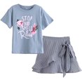 thumbnail image 1 of Robe d'Été pour Filles T-Shirt à Imprimé Floral Manches Courtes + Jupe Mini Rayée 2 Pack, 1 of 5