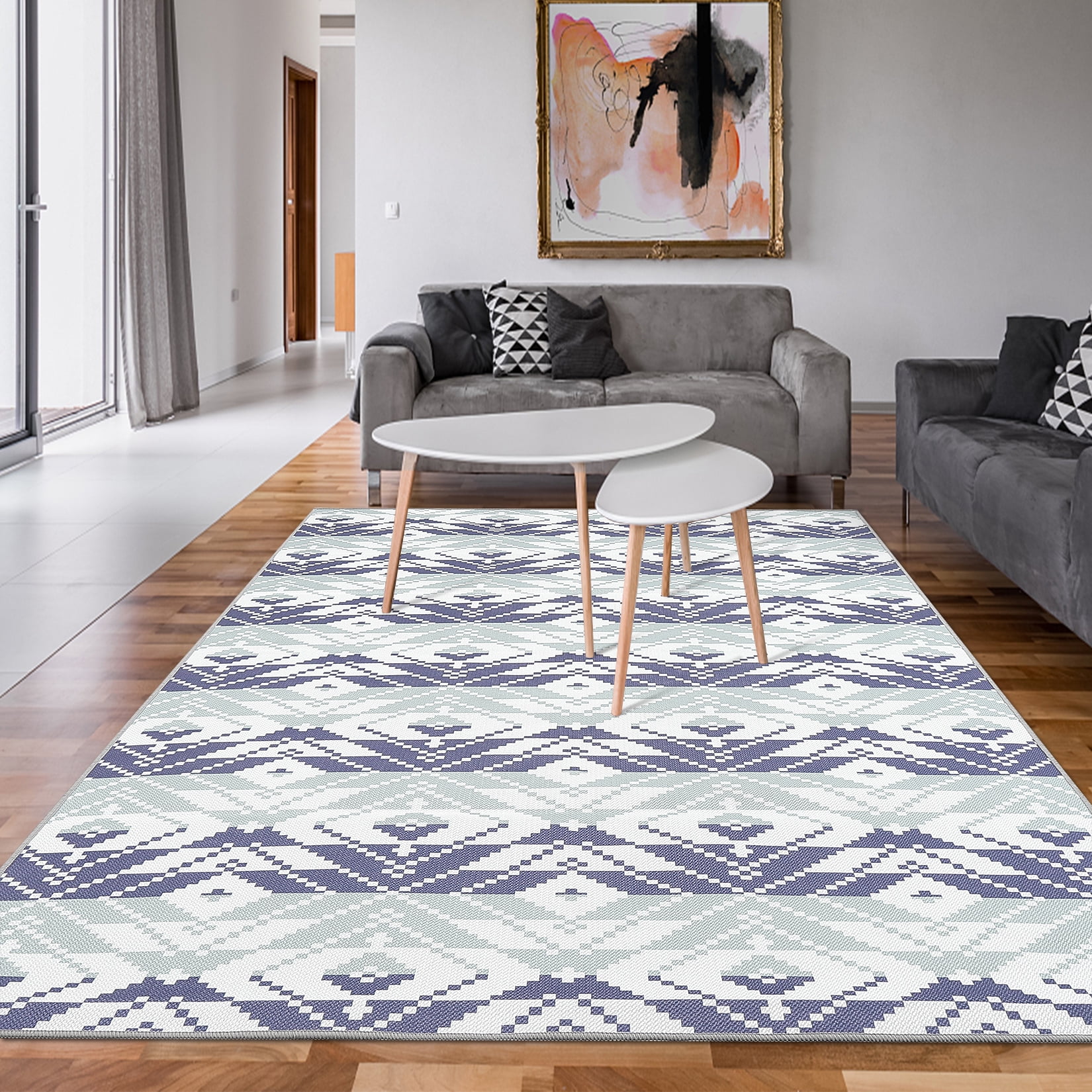 Senfot 5x8 Indoor Outdoor Area Rug Waterproof Modern Print Pattern Non-Slip Floor Carpet Stain Resistant for Patio Backyard Living Room Blue White