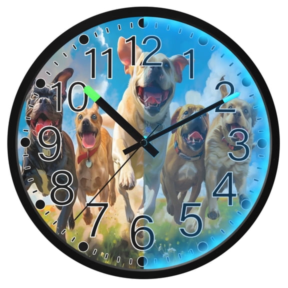 Ryvnso Dogs Running 12 Inch Night Light Wall Clock Silent Battery Operated Luminous Clocks