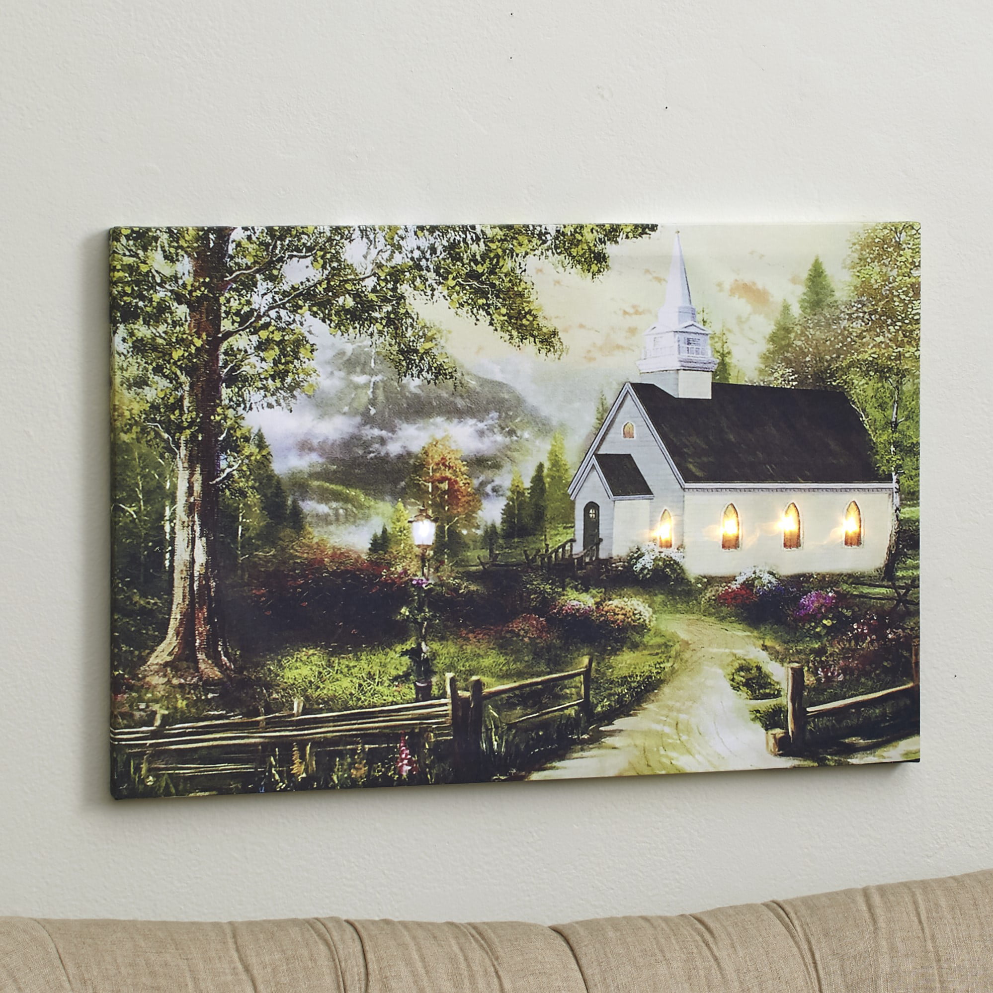 Lighted Church Picture BANBERRY DESIGNS Church Canvas Print LED Lighted Picture with a Window Frame Border and A County Church Setting 