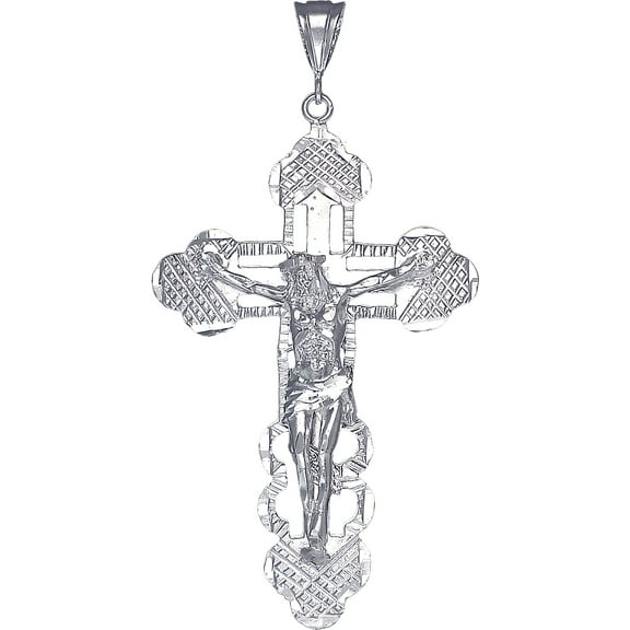 Large Sterling Silver Cross with Jesus Pendant Necklace with Diamond Cut Finish
