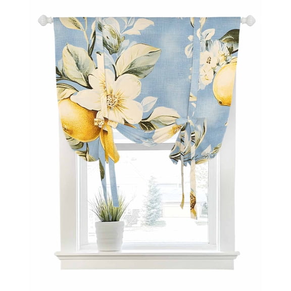 Lemon Fruit Tie Up Curtains for Window, Thermal Insulated Balloon Shade Adjustable Rod Pocket Curtains Valance Panels for Kitchen Bathroom Cafe 52 x 45 Botanical Leaves Country Blue Art