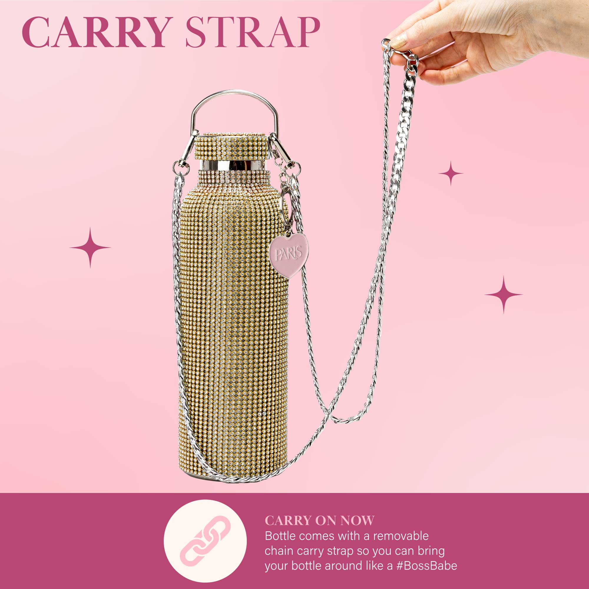 Paris Hilton Rhinestone Stainless Steel Water Bottle with Carry Strap, Gold, 25 fluid ounces