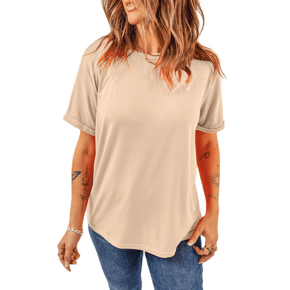 Women's Khaki Casual Plain Crew Neck Tee