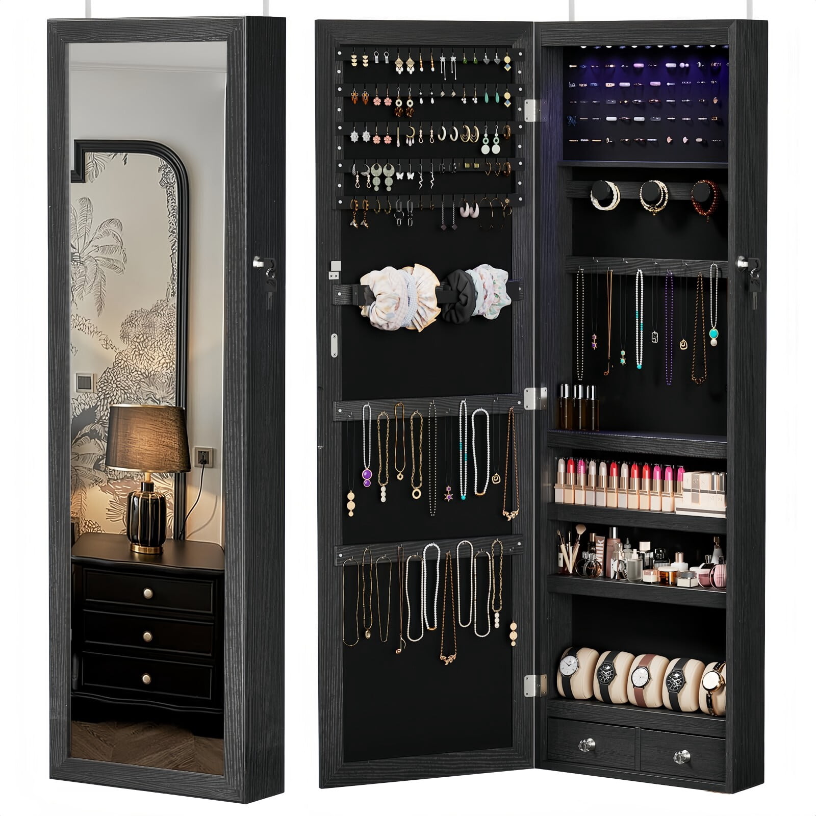 Kelno 47" Jewelry Armoire with HD Mirror LED Lights Wall/Door Mounted Jewelry Organizer Cabinet, Black