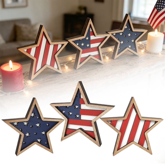 3Pcs 4Th Of July Decorations Wooden Stars,Red White Blue Patriotic Decor, Independence Day Ornaments Set,For Home Office Table Shelf