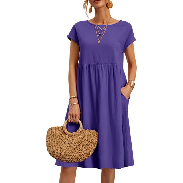 Robe de Plage pour Femmes en Coton et Lin à Manches Courtes, Décontractée, Ample, Col Ras du Cou, avec Poches