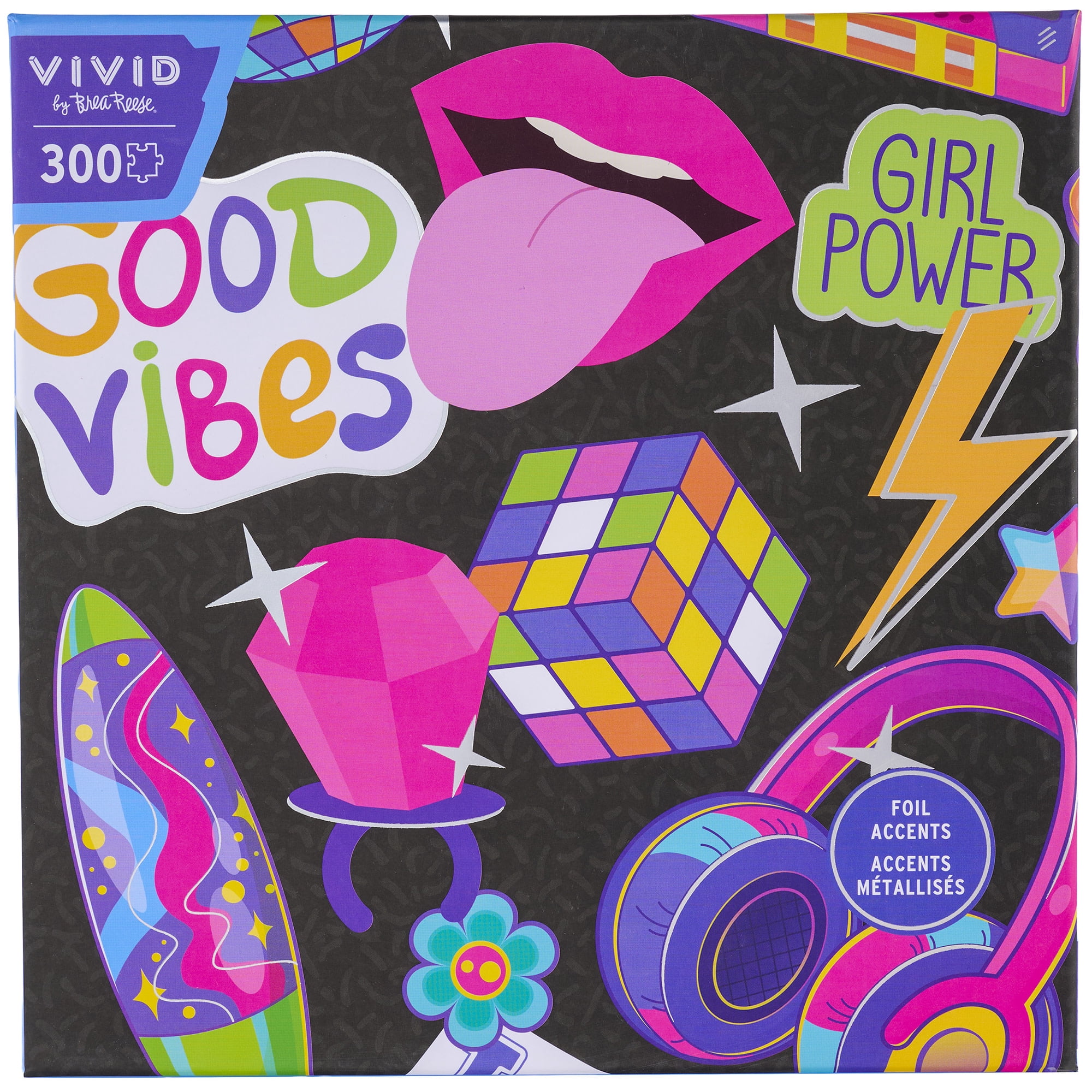 Vivid by Brea Reese: 300 Piece Puzzle - Funky Icons, Retro Neon Nostalgic Collage Jigsaw, Metallic Foil Accents, Soft-Touch, Image Reference Poster