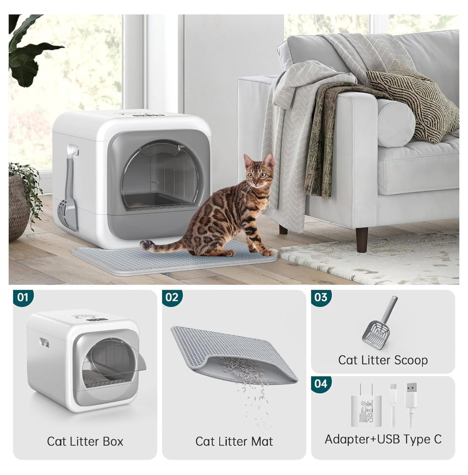 Smart Odor Control Cat Litter Box for Big Cats & Multiple Cats, Easy Clean with Infrared Sensor, & Mat, 5V/1A USB