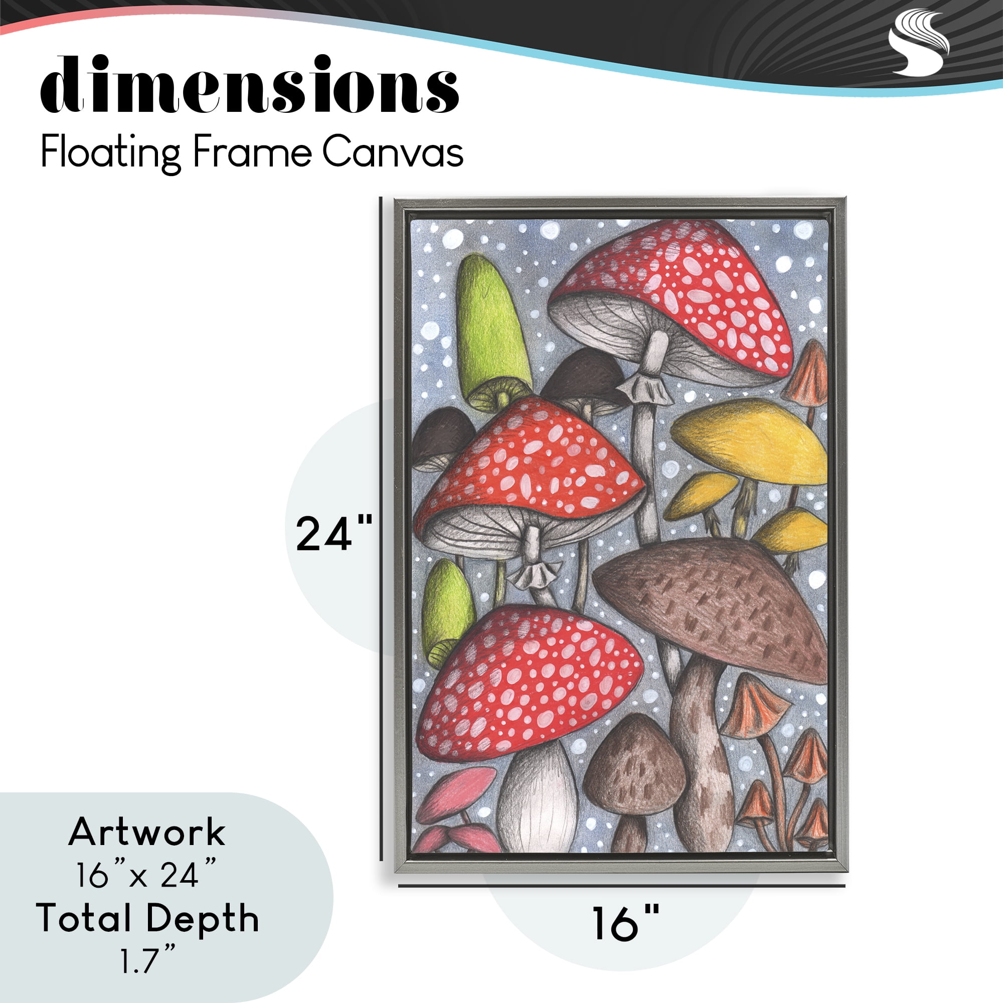Sketched Magical Mushrooms Gray Framed Floater Canvas Wall Art, design by Cecilia Battaini
